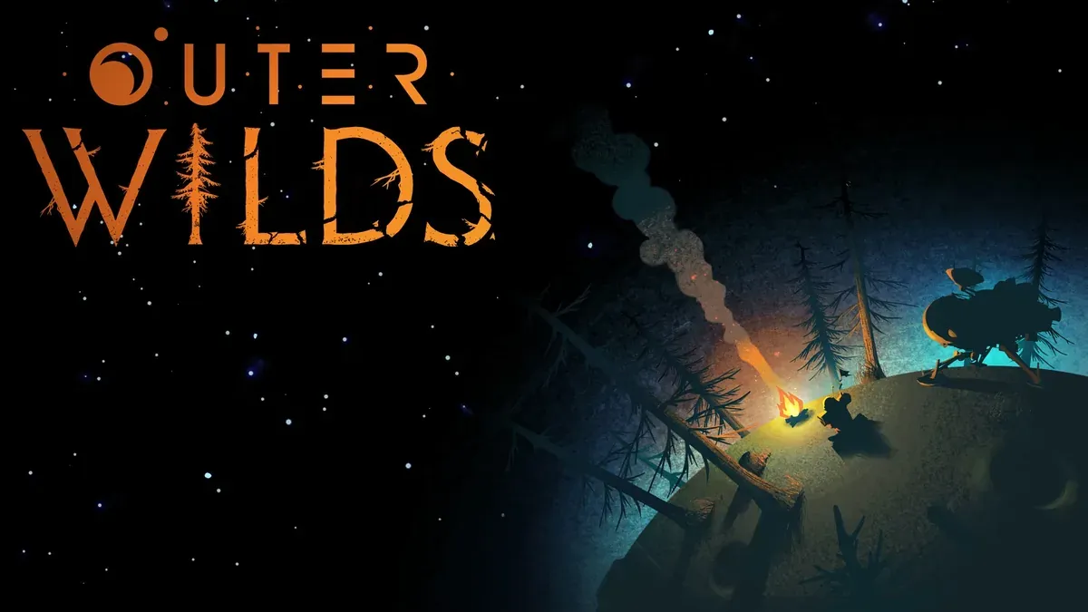 Outer Wilds logo beside a nighttime scene: a camper sits by a small campfire on a grassy hilltop, smoke rising past pine trees, with a ship silhouette and starry sky in the background.